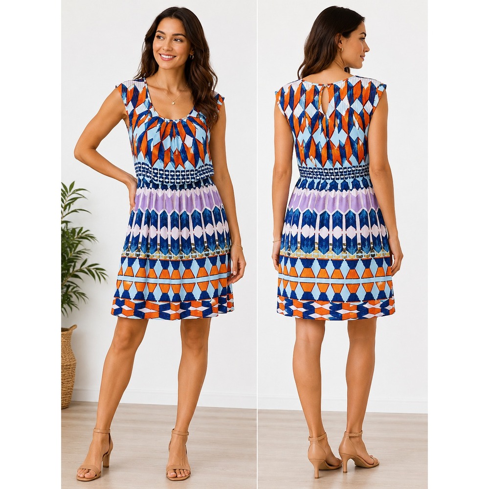 Jessica Simpson Geometric Print Cut-Out Back Mini Dress Orange Teal Purple 8
